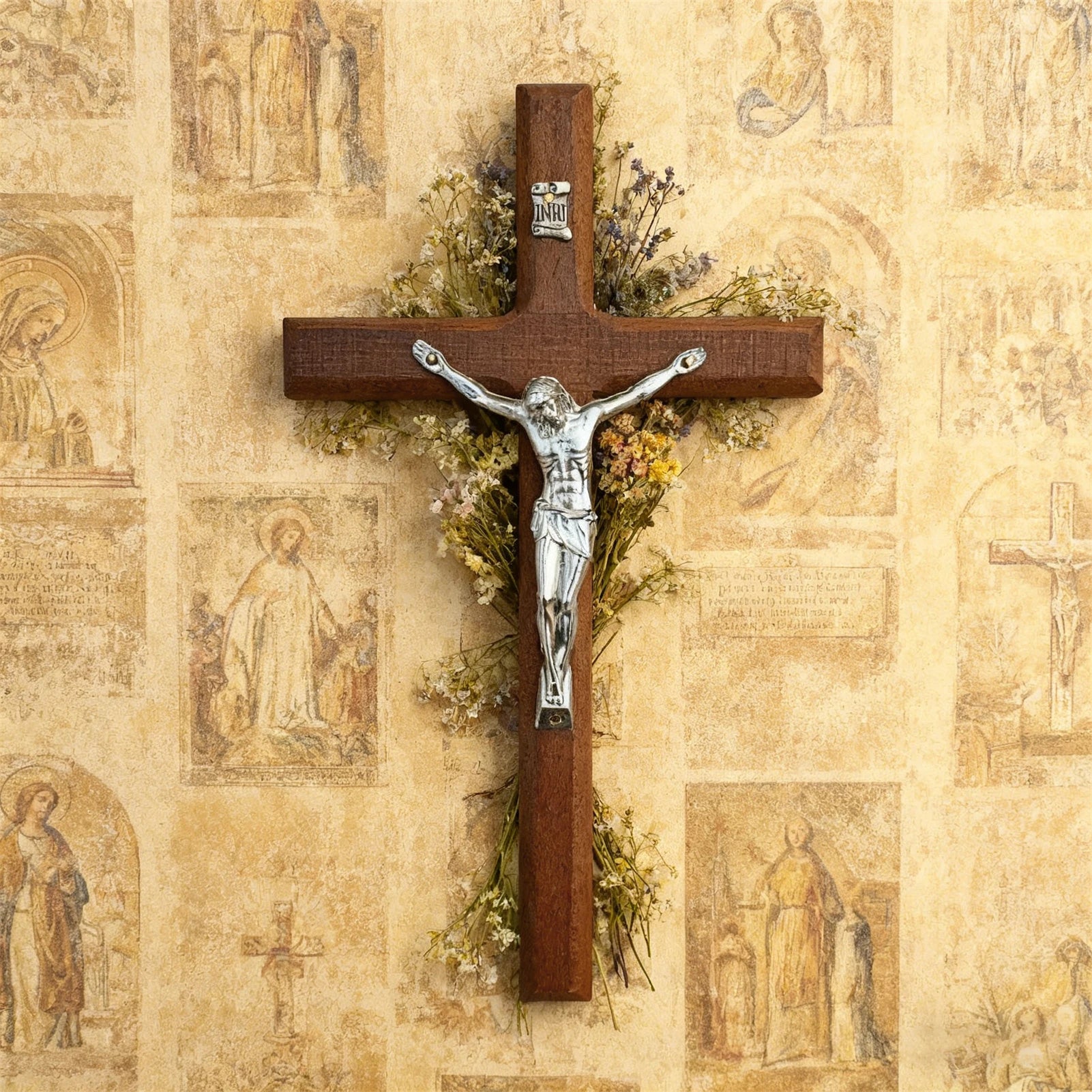 wooden crucifix hanging with floral accents on a decorative wall