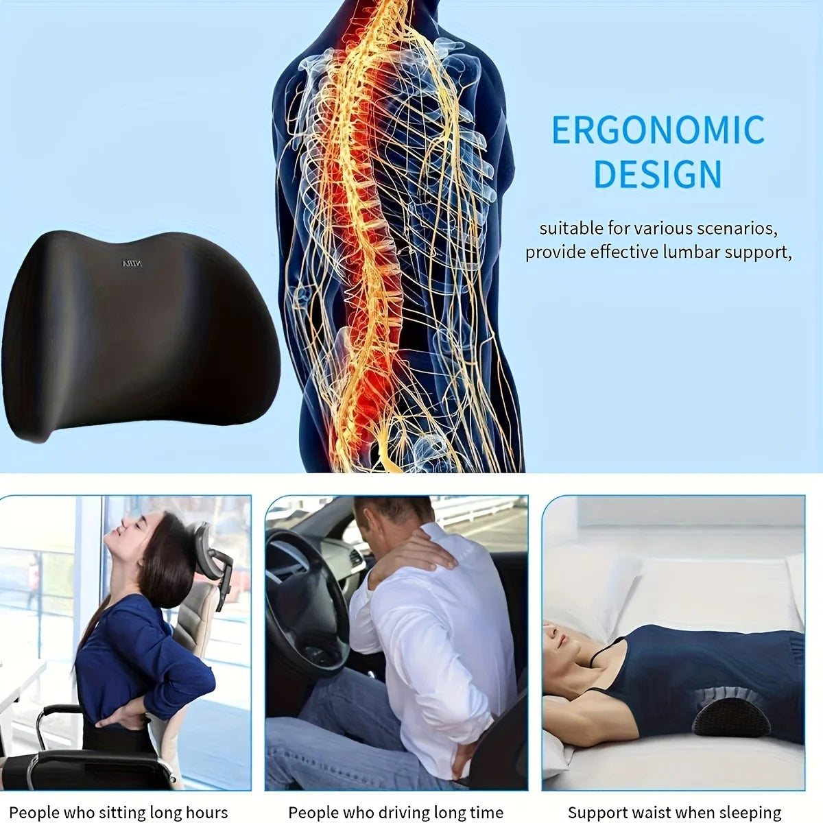 Memory foam lumbar cushion with ergonomic graphic and seated user scenarios