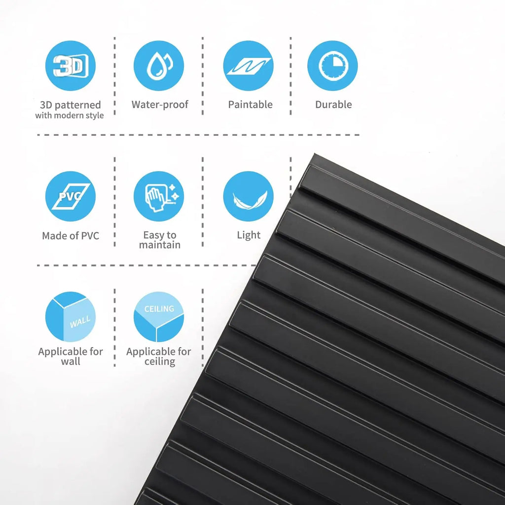 Infographic highlighting features of the PVC 3D wall panel, including paintability and wall/ceiling use