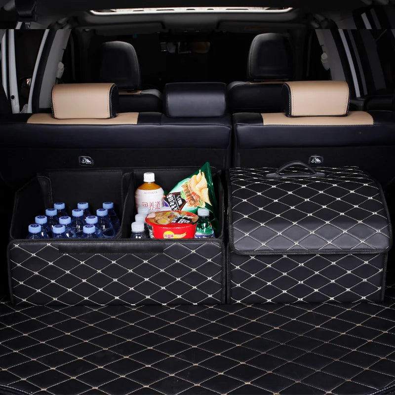 Two quilted trunk organizer boxes in a car containing bottled water and snacks, showing flexible storage use.