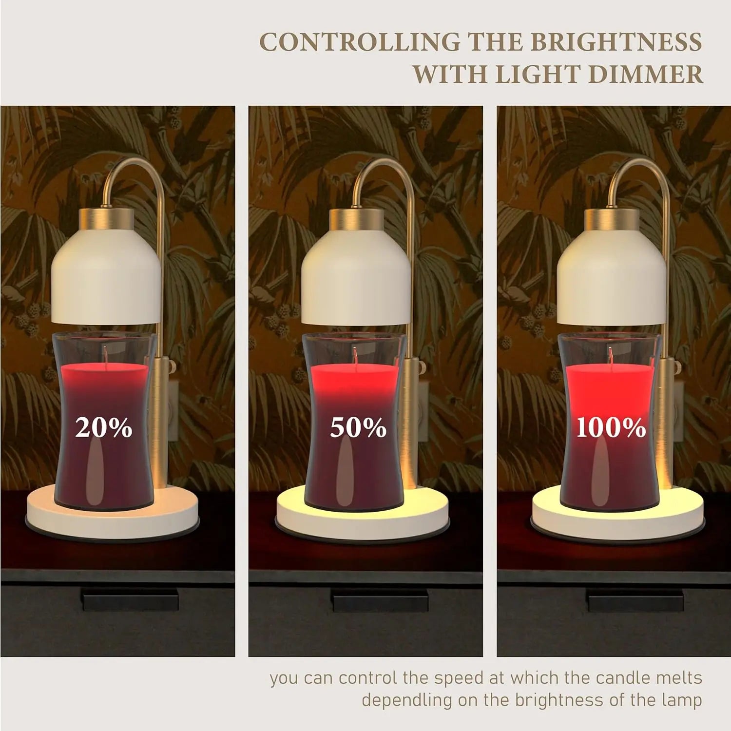 Three candles melting under a lamp at different brightness settings: 20%, 50%, and 100%