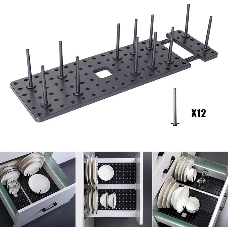 Adjustable pegboard tray with 12 posts and various dish placement examples in a kitchen drawer