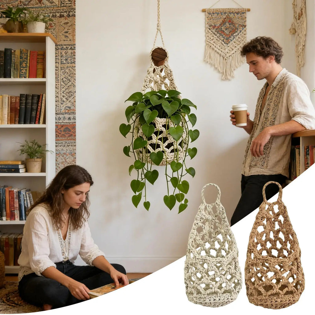 Boho Macrame Hanging Plant Basket – Cotton Rope Wall Planter