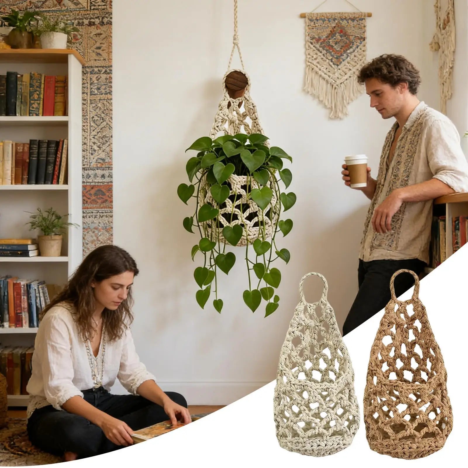 Boho Macrame Hanging Plant Basket – Cotton Rope Wall Planter