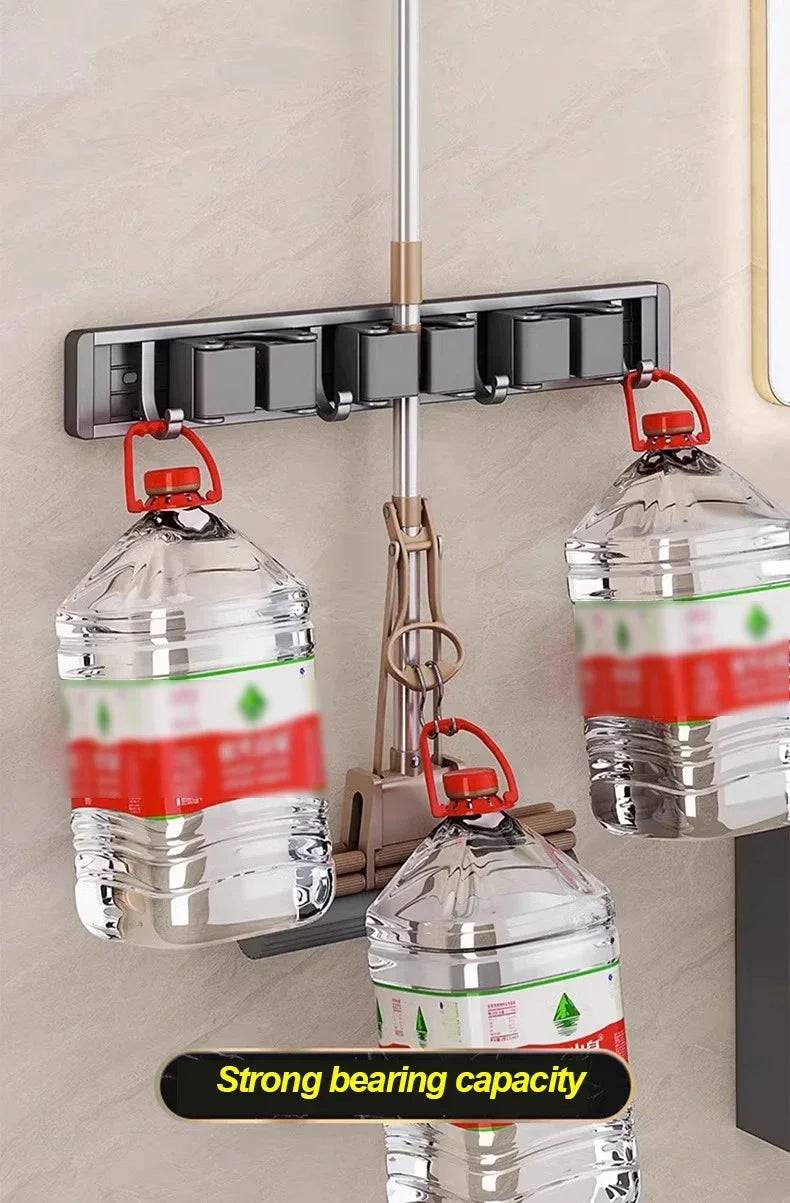 Wall-Mounted Broom and Mop Organizer Rack with Side Hooks – Grey