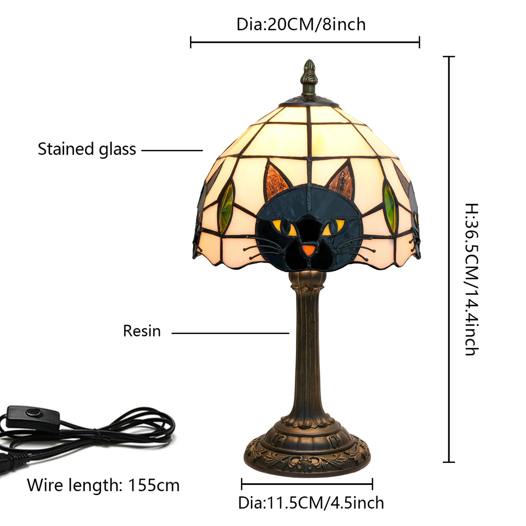 dimensions and features of stained glass cat table lamp with resin base