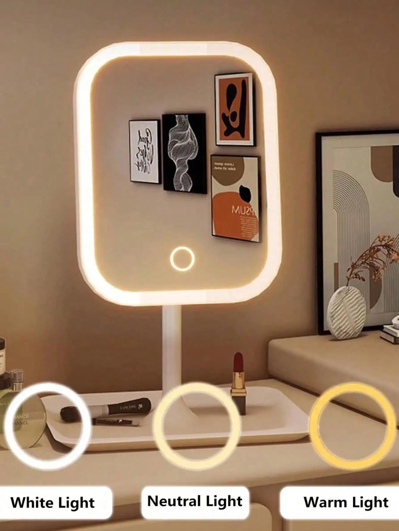 LED vanity makeup mirror showing white, neutral, and warm light settings with tray