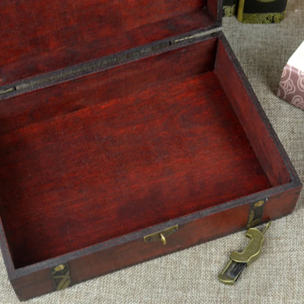 Interior view of the empty rectangular wooden box with red-brown finish