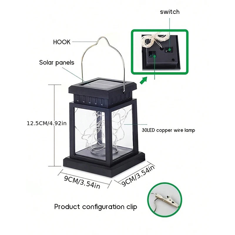 Solar LED lantern diagram showing dimensions, solar panel, hook, and LED wire lights