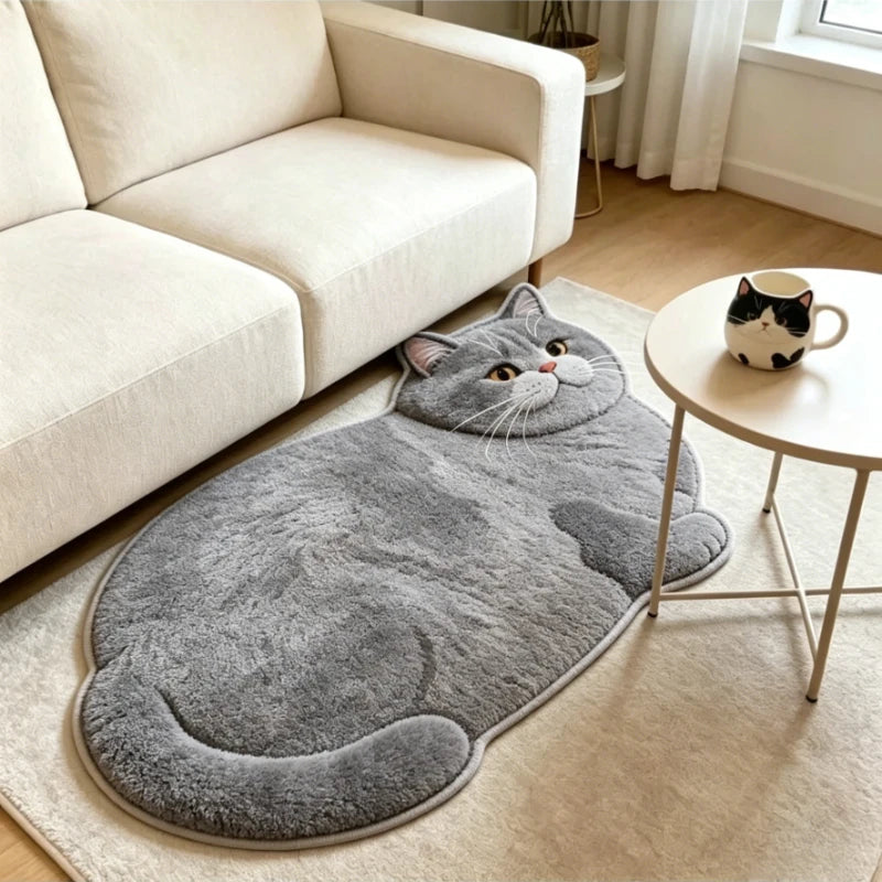 Gray cat-shaped bath mat on cream area rug in living room with sofa and cat mug nearby
