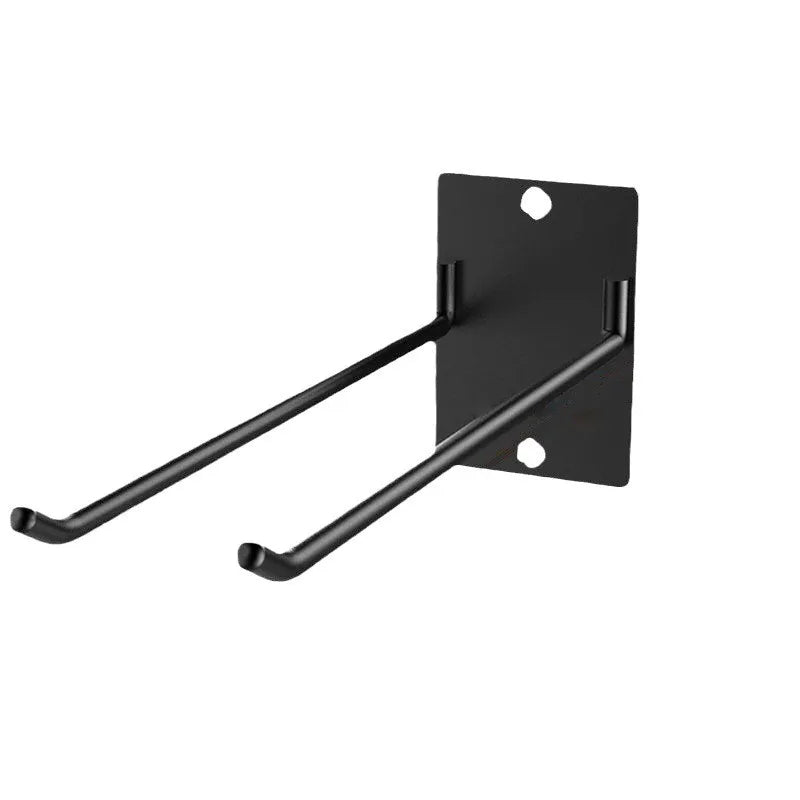 Black iron dual wall hook for garage tool storage, shown isolated
