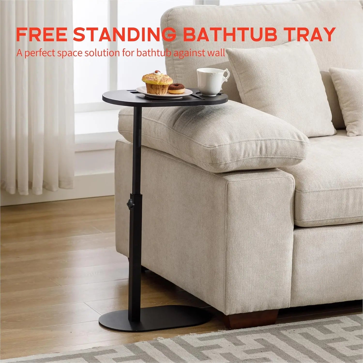 Freestanding side table used as a snack and coffee tray beside a sofa, highlighting its multipurpose function