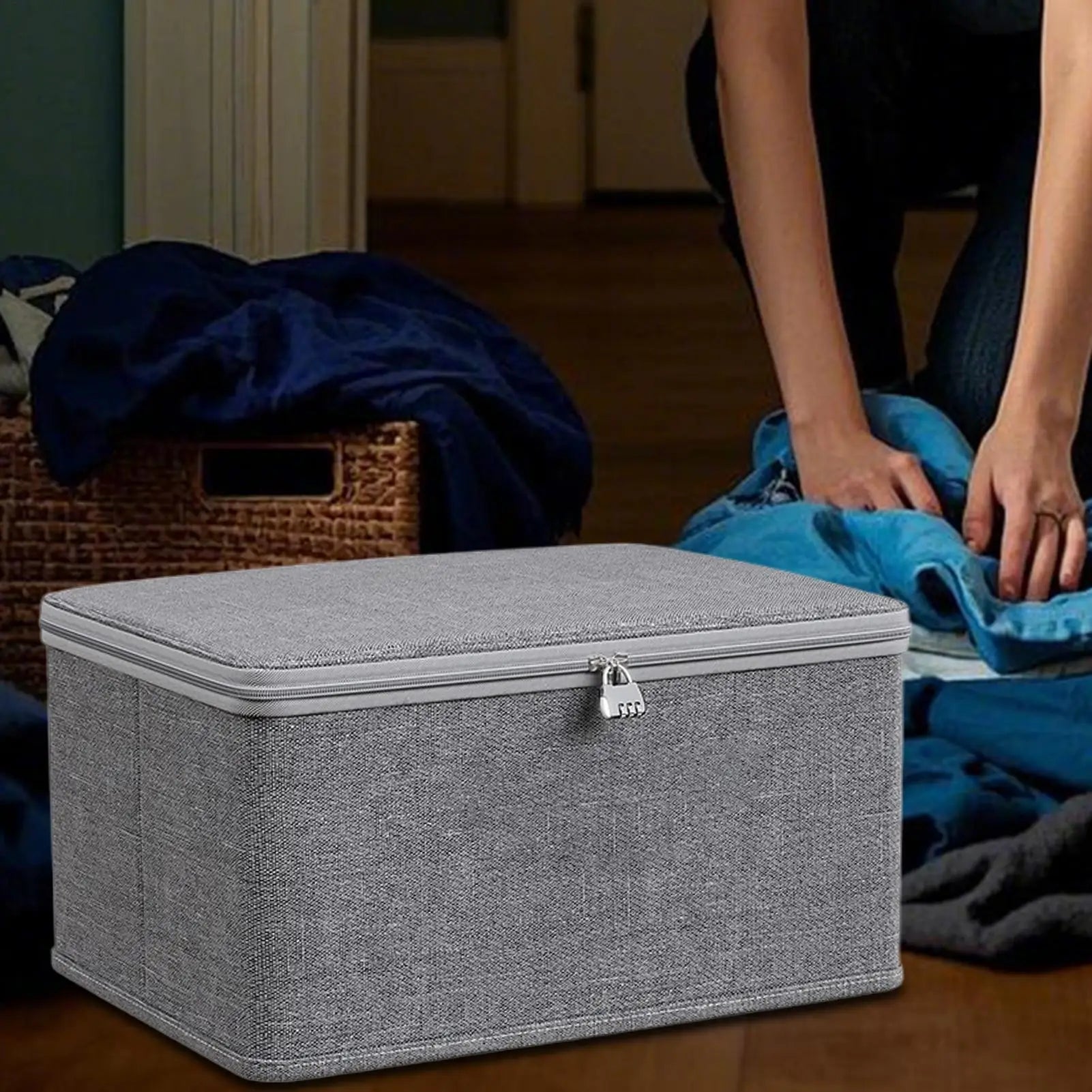 Lockable Fabric Storage Box with Handle for Closet or Bedroom