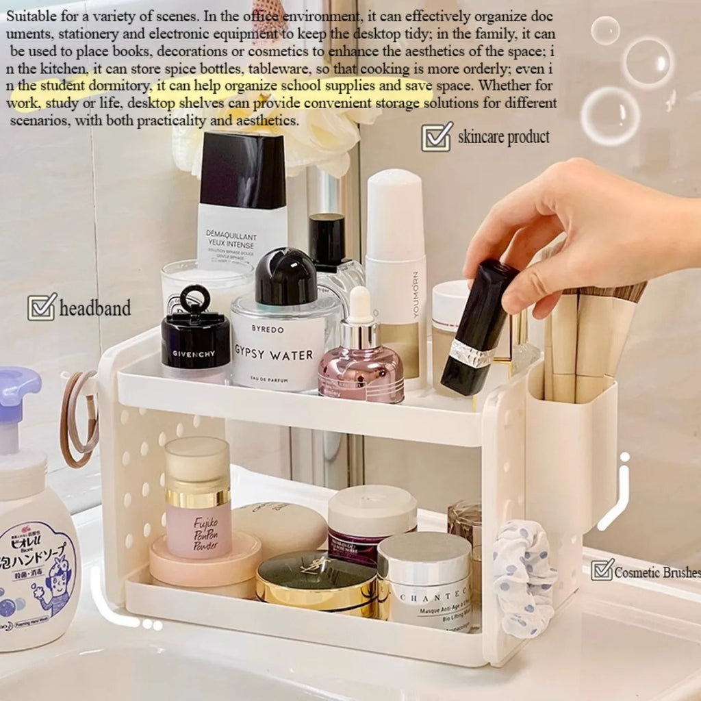 Two-tier pegboard organizer used for cosmetics and skincare items on a bathroom or vanity counter