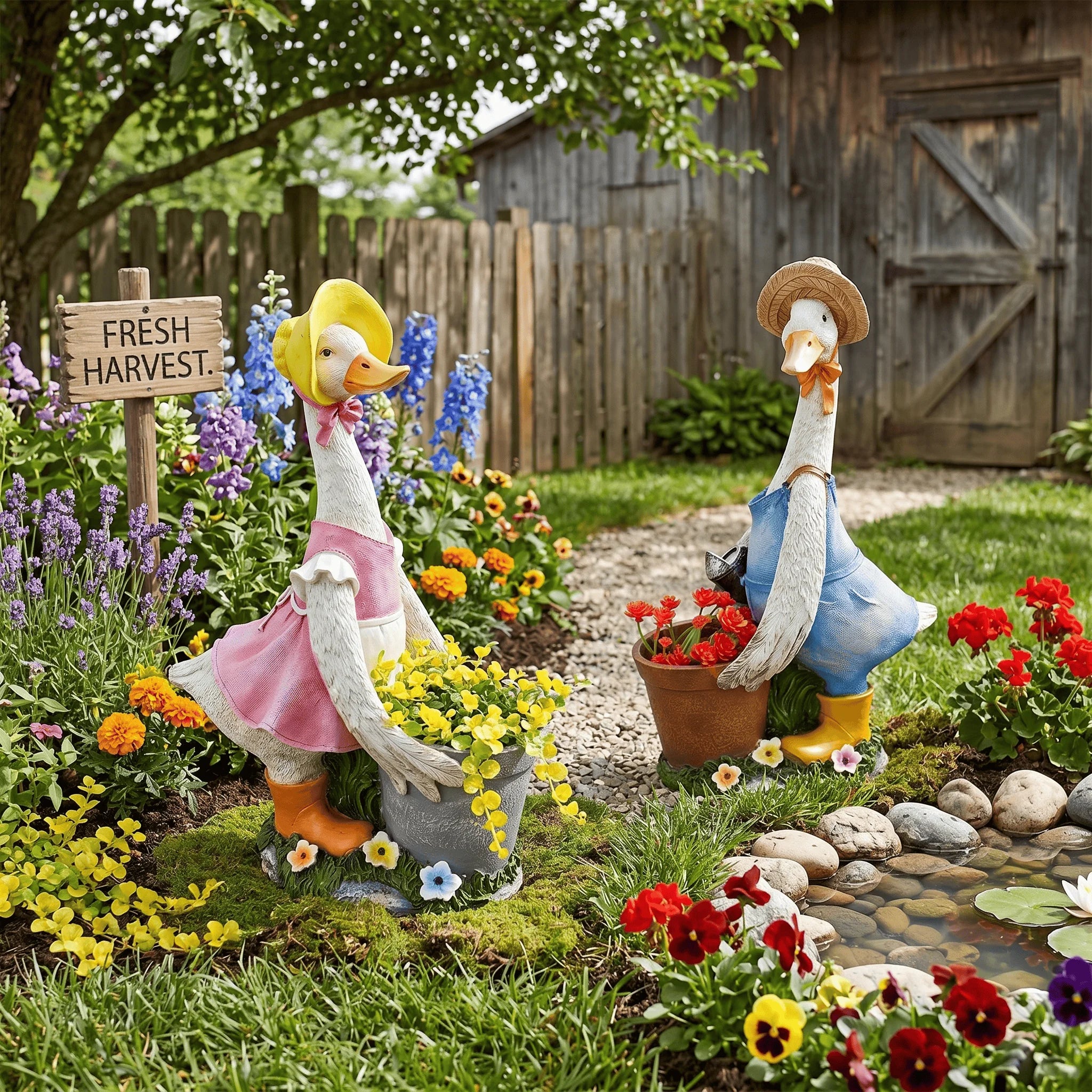 Pink resin duck planter statue with yellow bonnet displayed on wooden porch surrounded by potted plants