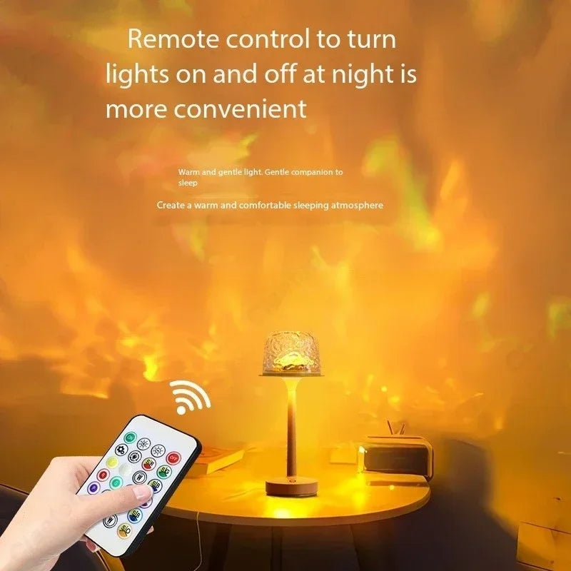 Remote control changing the color of the mushroom table lamp with a warm ripple light filling the room