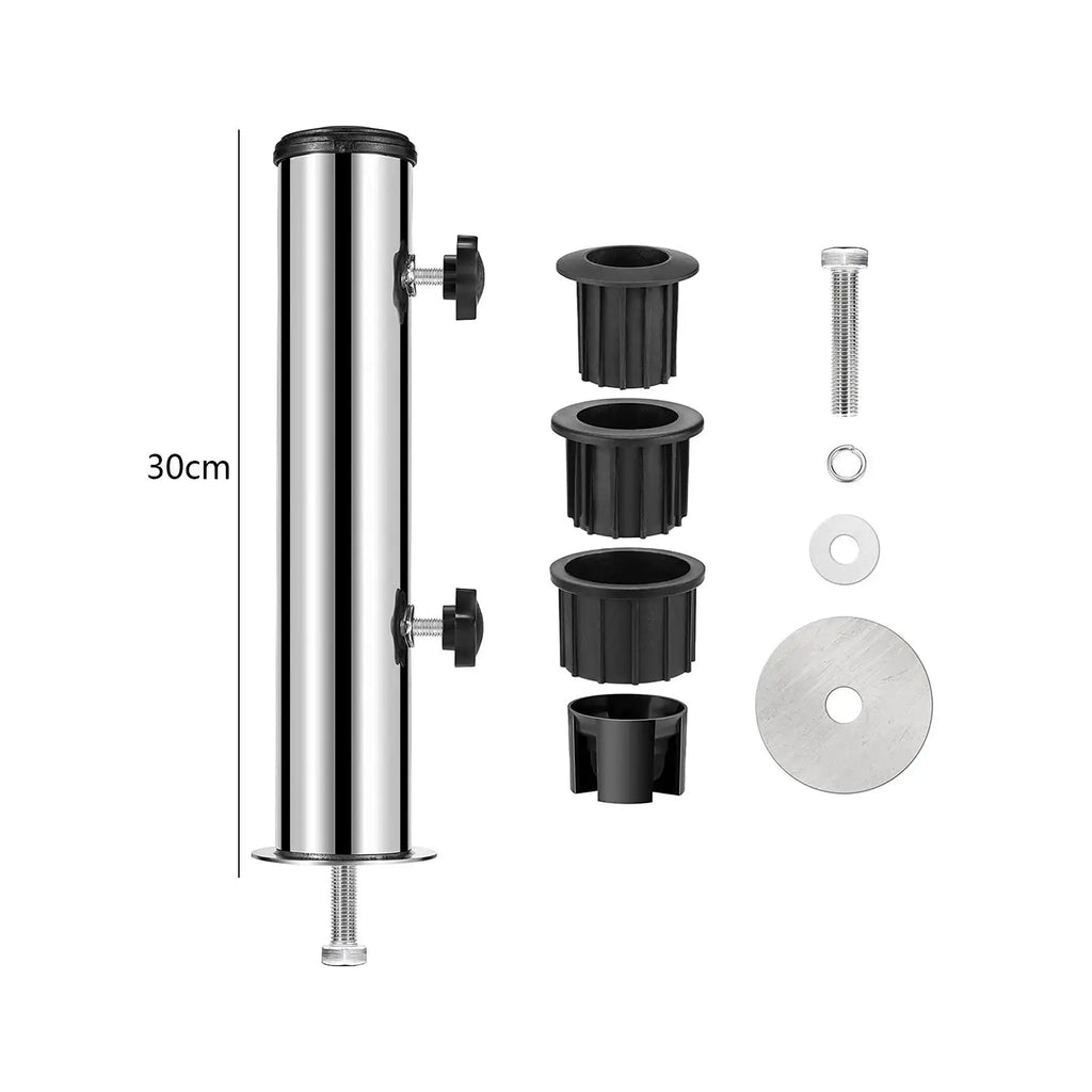 Stainless steel umbrella stand base measuring 30cm in height with adapter set and mounting hardware