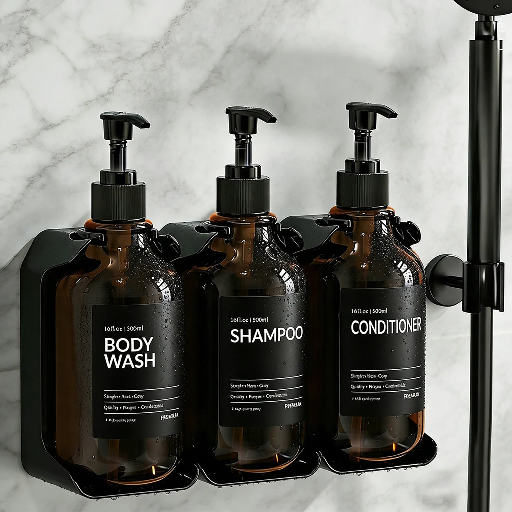 wall-mounted amber bathroom dispenser set with three labeled bottles installed in a shower