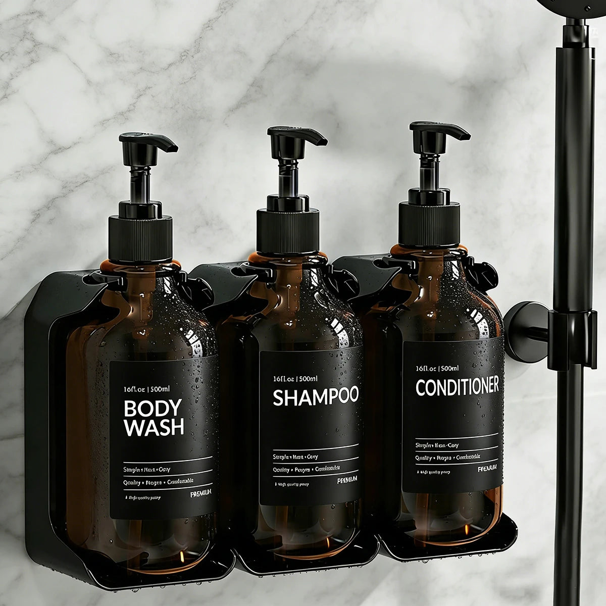 wall-mounted amber bathroom dispenser set with three labeled bottles installed in a shower