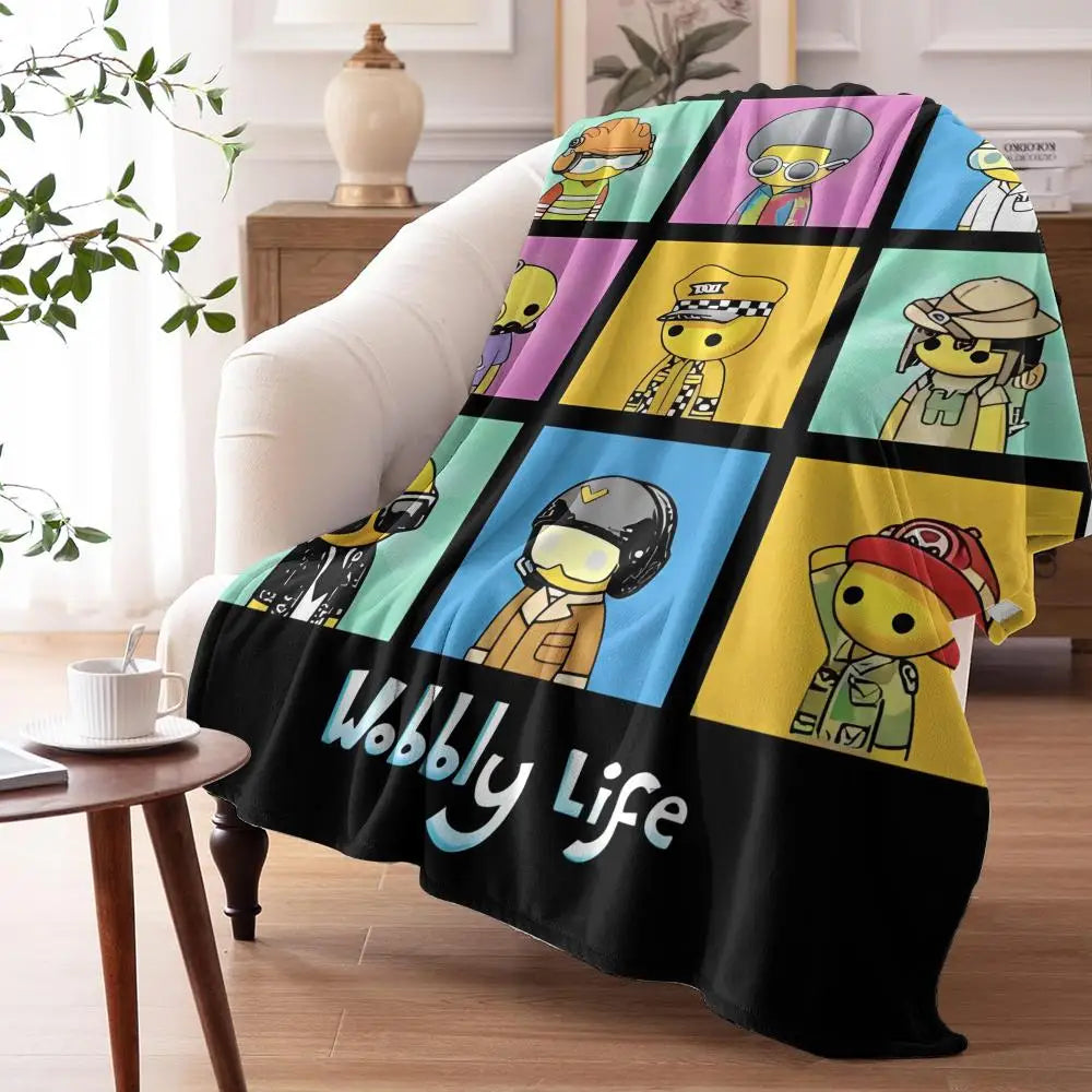 Wobbly Life cartoon throw blanket displayed on an armchair, adding playful color to a cozy reading corner