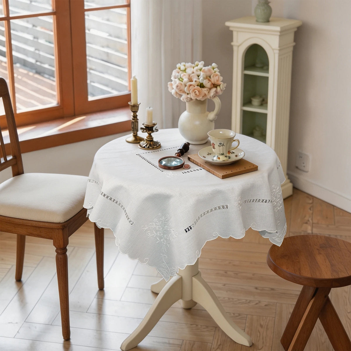 Arden Embroidered Linen Table Runner with Scalloped Edge for Dining & Coffee Table Decor
