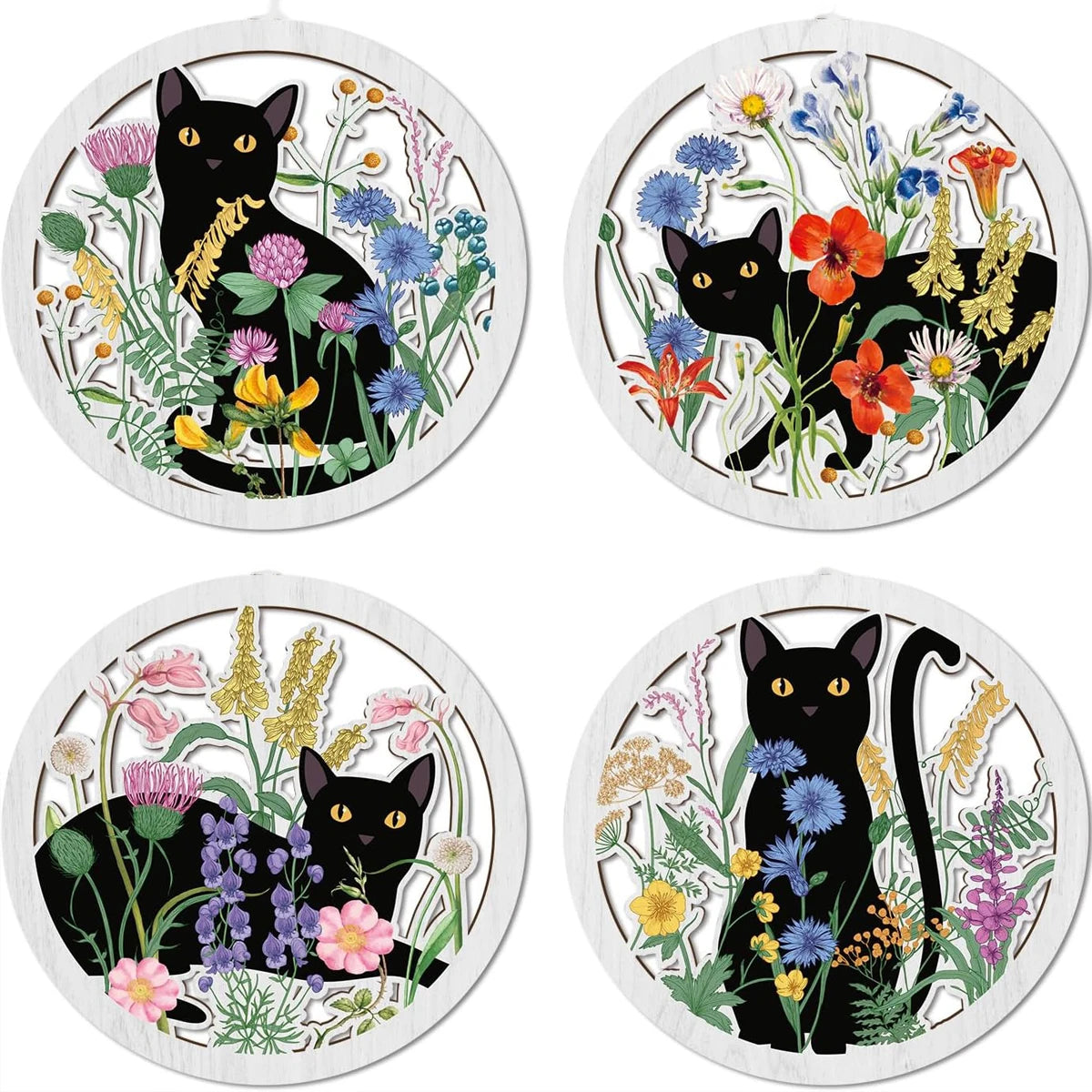 Juniper Boho Cat Wooden Wall Art – Set of 4 Round Hangings