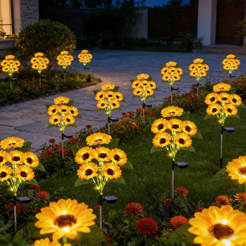 multiple sunflower solar lights illuminating a garden walkway