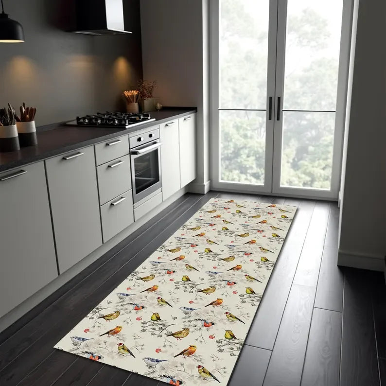 Bird print kitchen runner rug with light background in a contemporary kitchen
