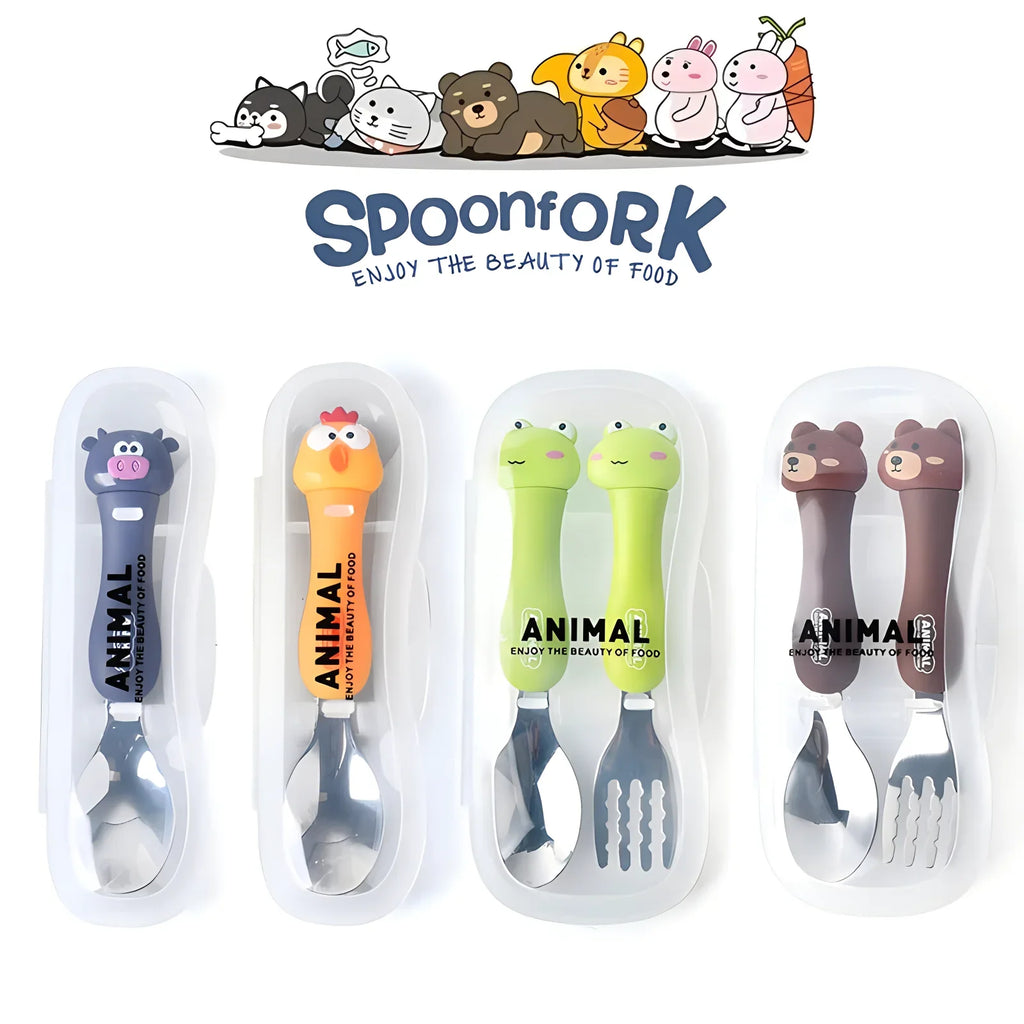 Cartoon animal kids spoon and fork sets with carrying cases in calf, chicken, frog, and bear designs