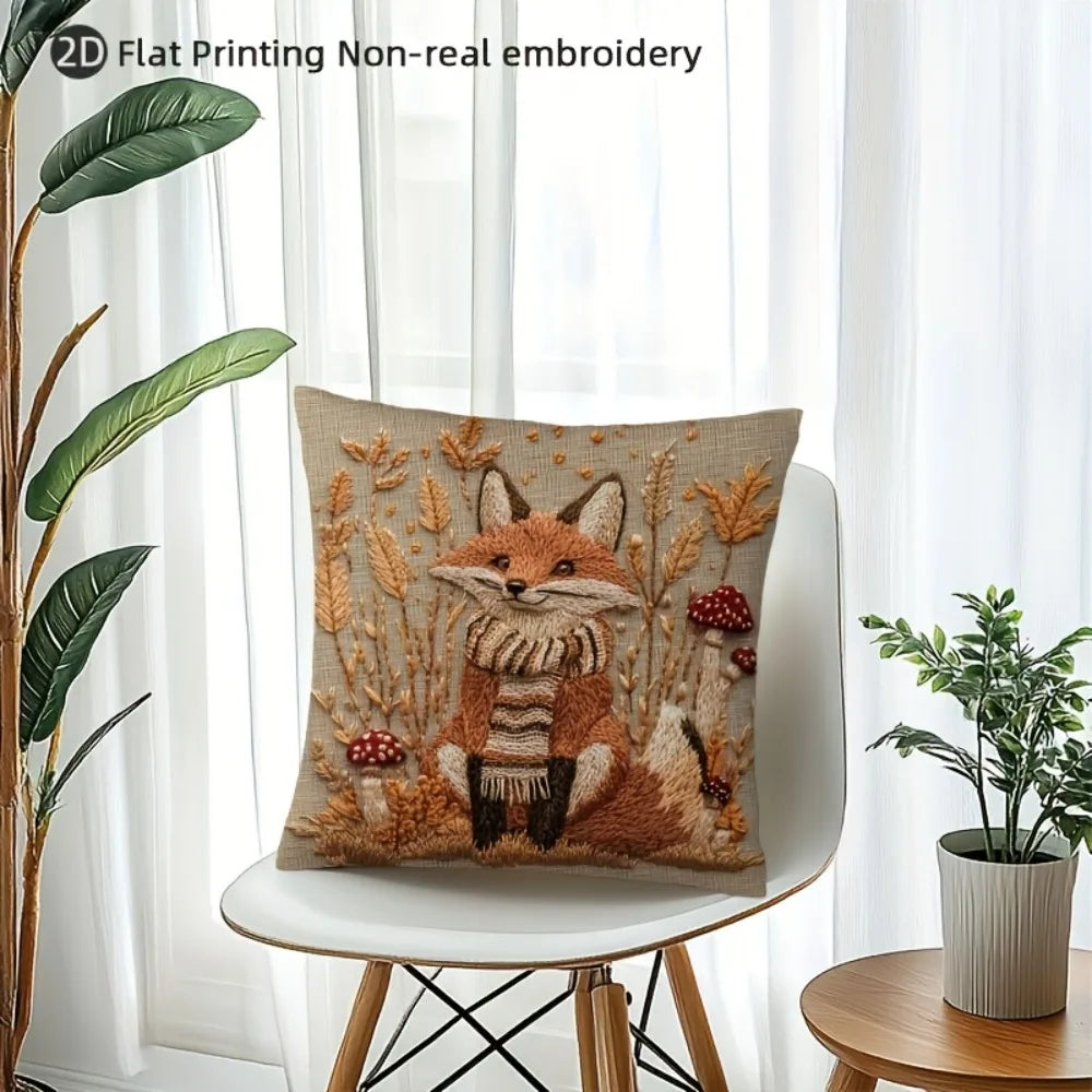 fox printed pillow cover displayed on a white chair near a window with plants