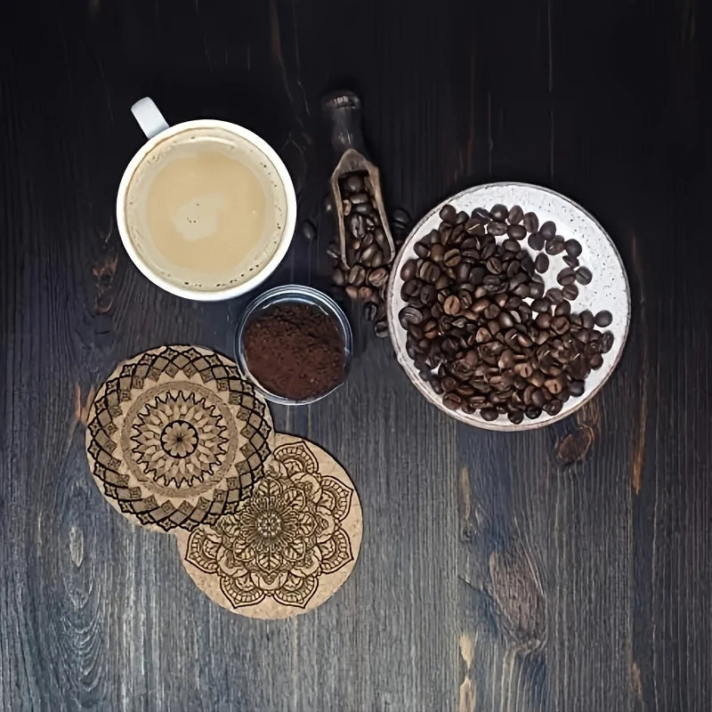 Wooden mandala coasters near coffee beans and cup of coffee on dark wood table