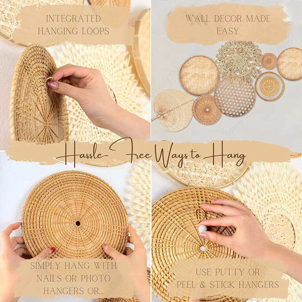 Arden Boho Woven Wall Basket Set – Natural Rattan Wall Decor, Set of 8