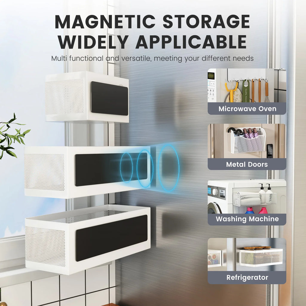 Diagram of white magnetic baskets being attached to a metal surface, with callouts for use on microwave ovens, metal doors, washing machines, and refrigerators.