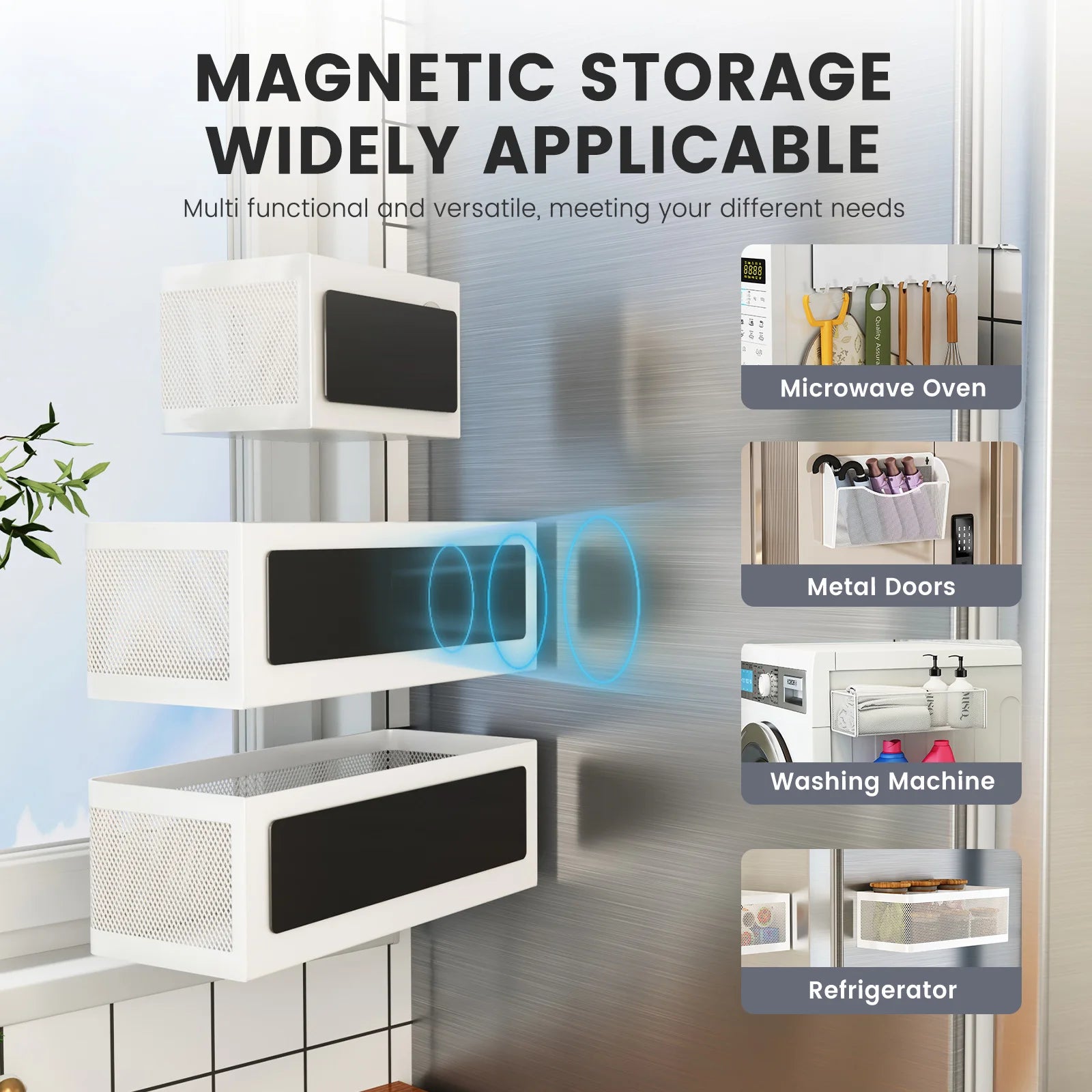 Diagram of white magnetic baskets being attached to a metal surface, with callouts for use on microwave ovens, metal doors, washing machines, and refrigerators.