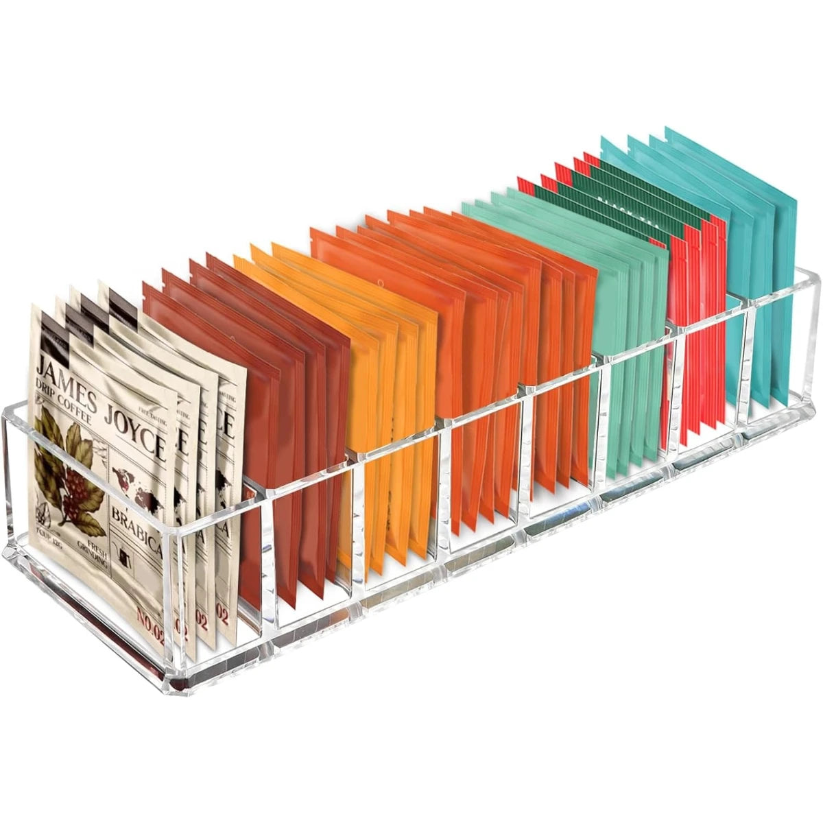 Clear acrylic tea bag organizer holding assorted tea packets upright.