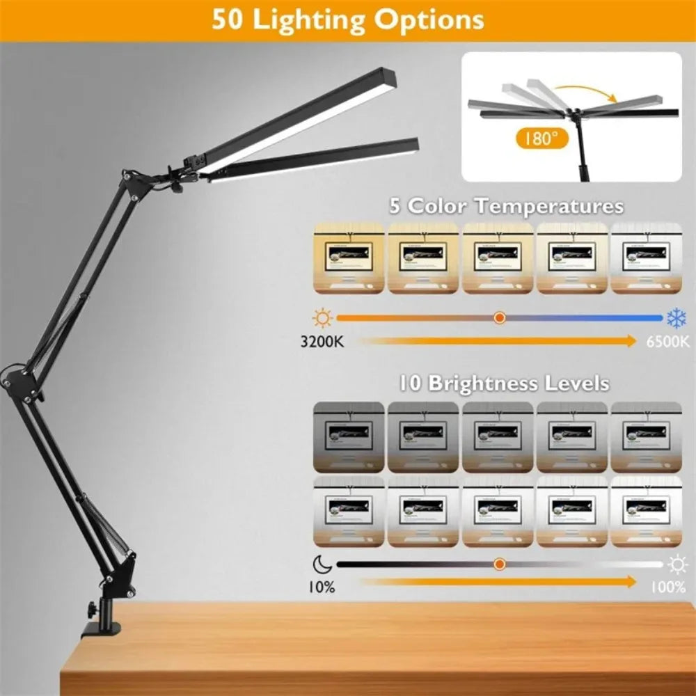 Clamp LED desk lamp with two adjustable heads, featuring five color temperatures and brightness settings