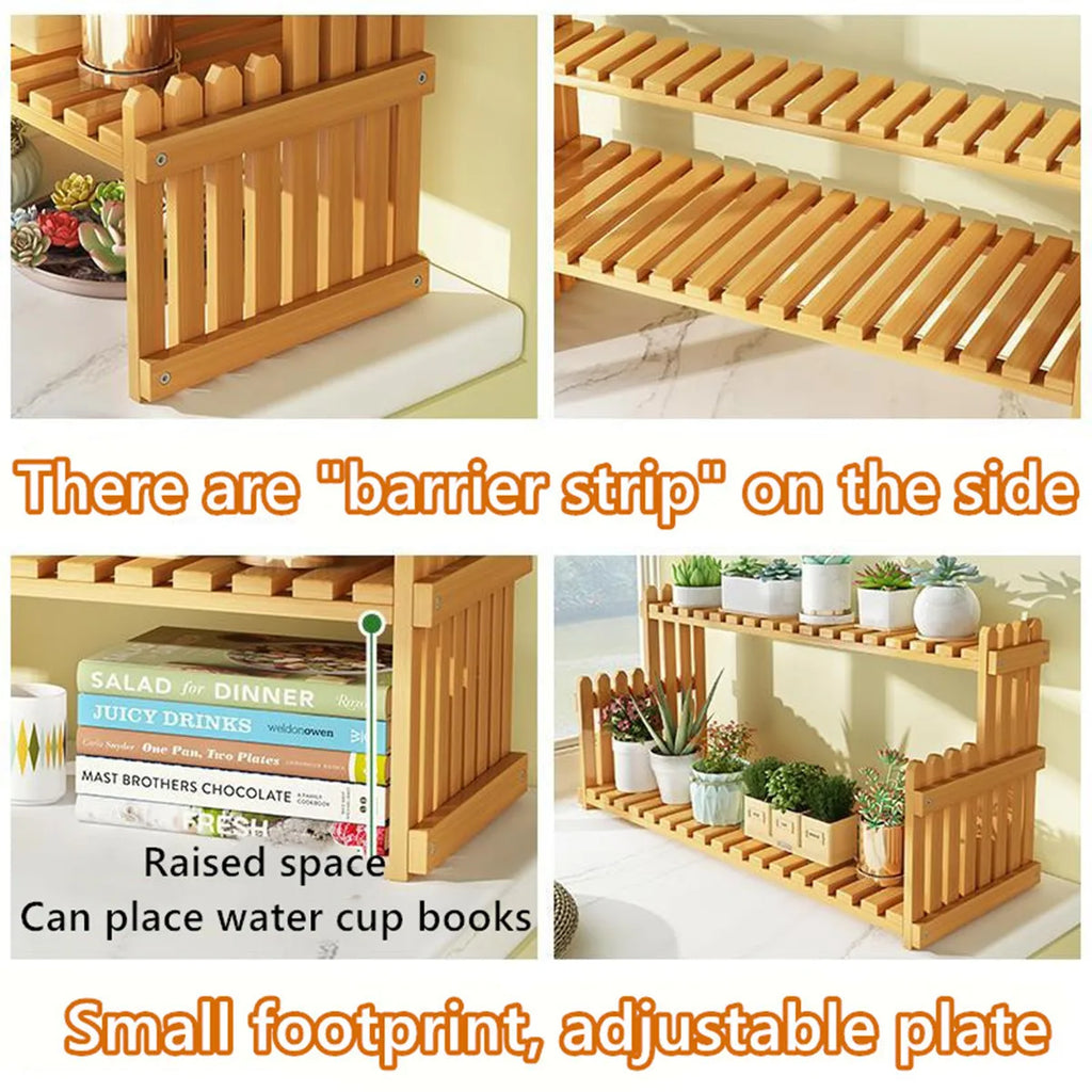 2-Tier Bamboo Plant Stand Shelf for Windowsill, Countertop, or Desk Organization