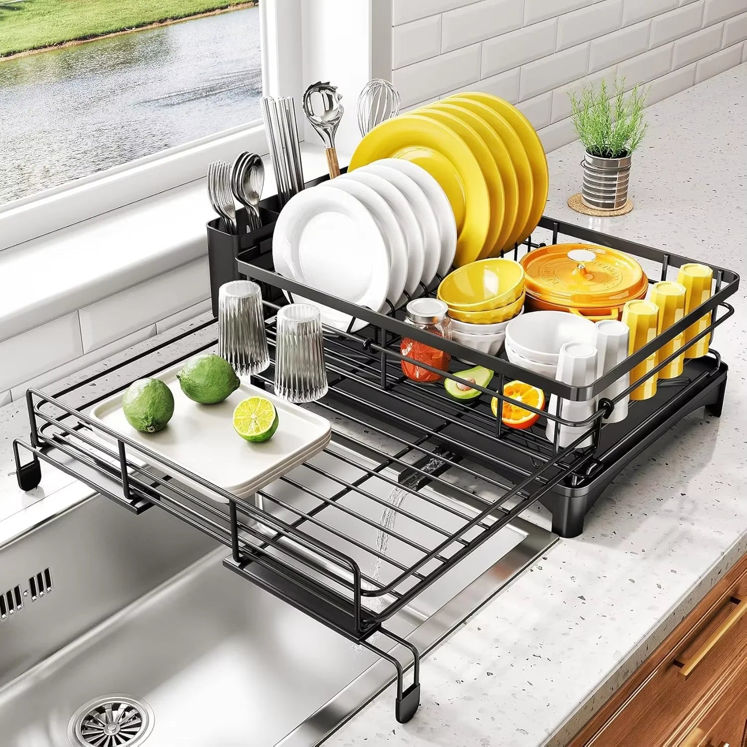 Large Iron Dish Drying Rack with Drainboard and Utensil Holder
