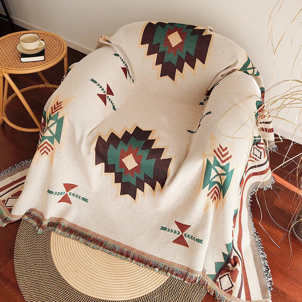 Close-up of Aztec blanket on a chair in a sunlit living room corner