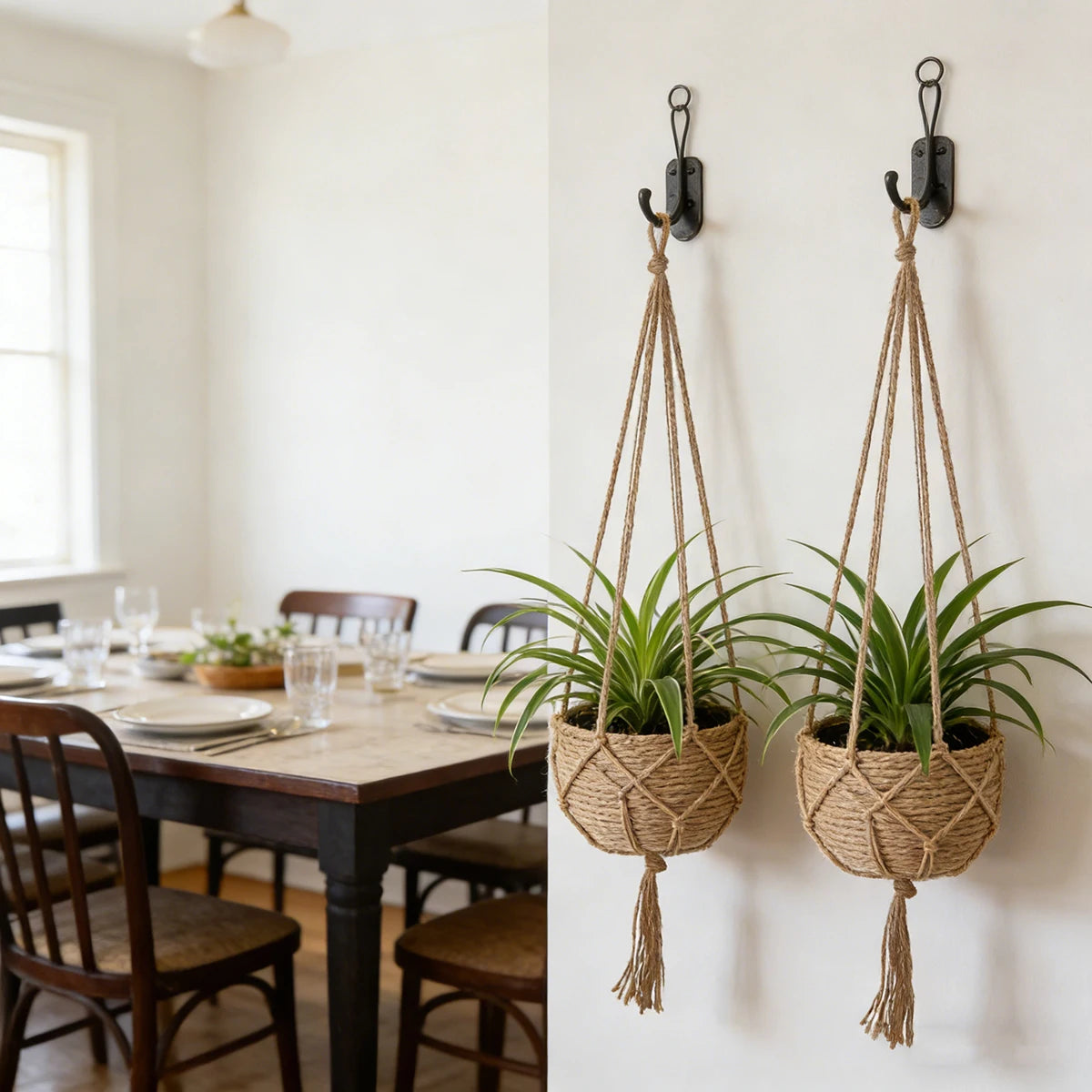 Hanging macrame jute planters with plants on wall hooks near a dining table