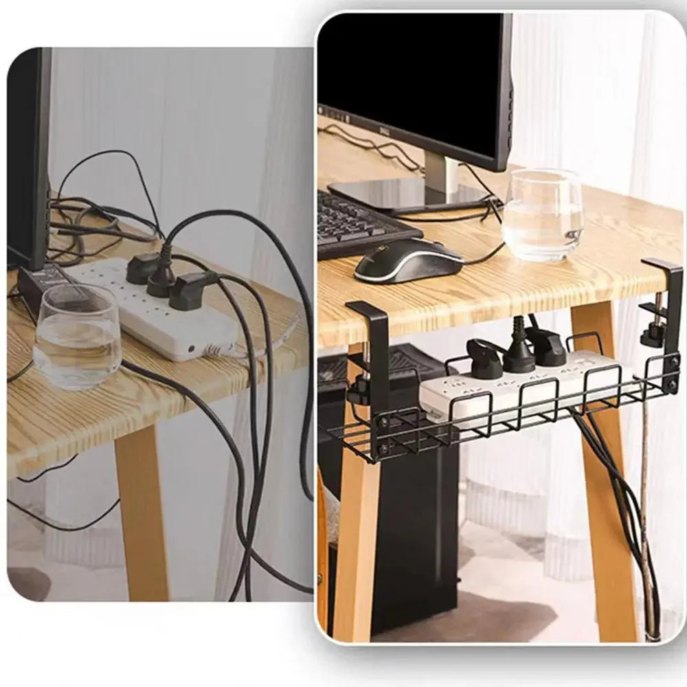 Desk before and after using a cable management tray, showing tidier cables