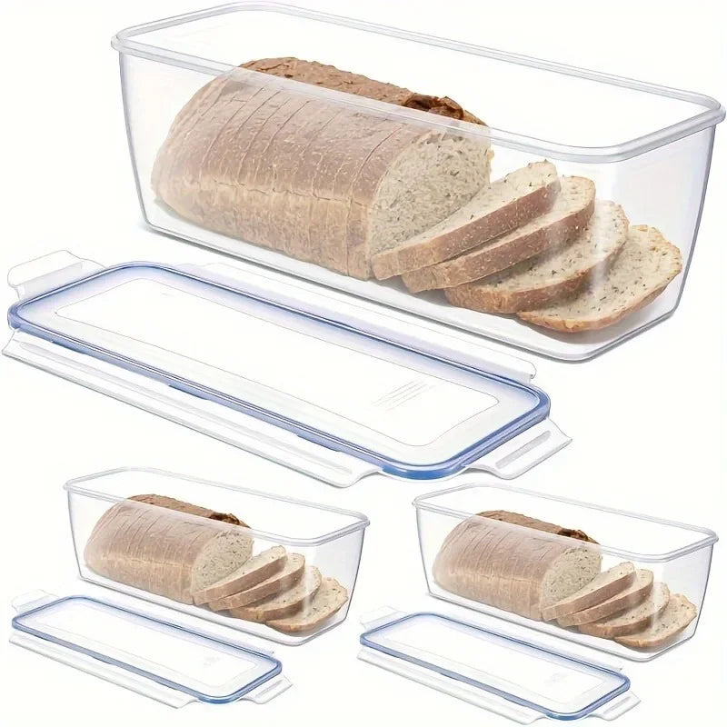 clear plastic bread storage box with lid, shown holding a sliced loaf of bread