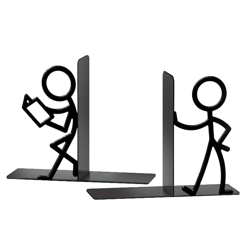 Two different black metal stick figure bookends—one reading, one standing—side by side