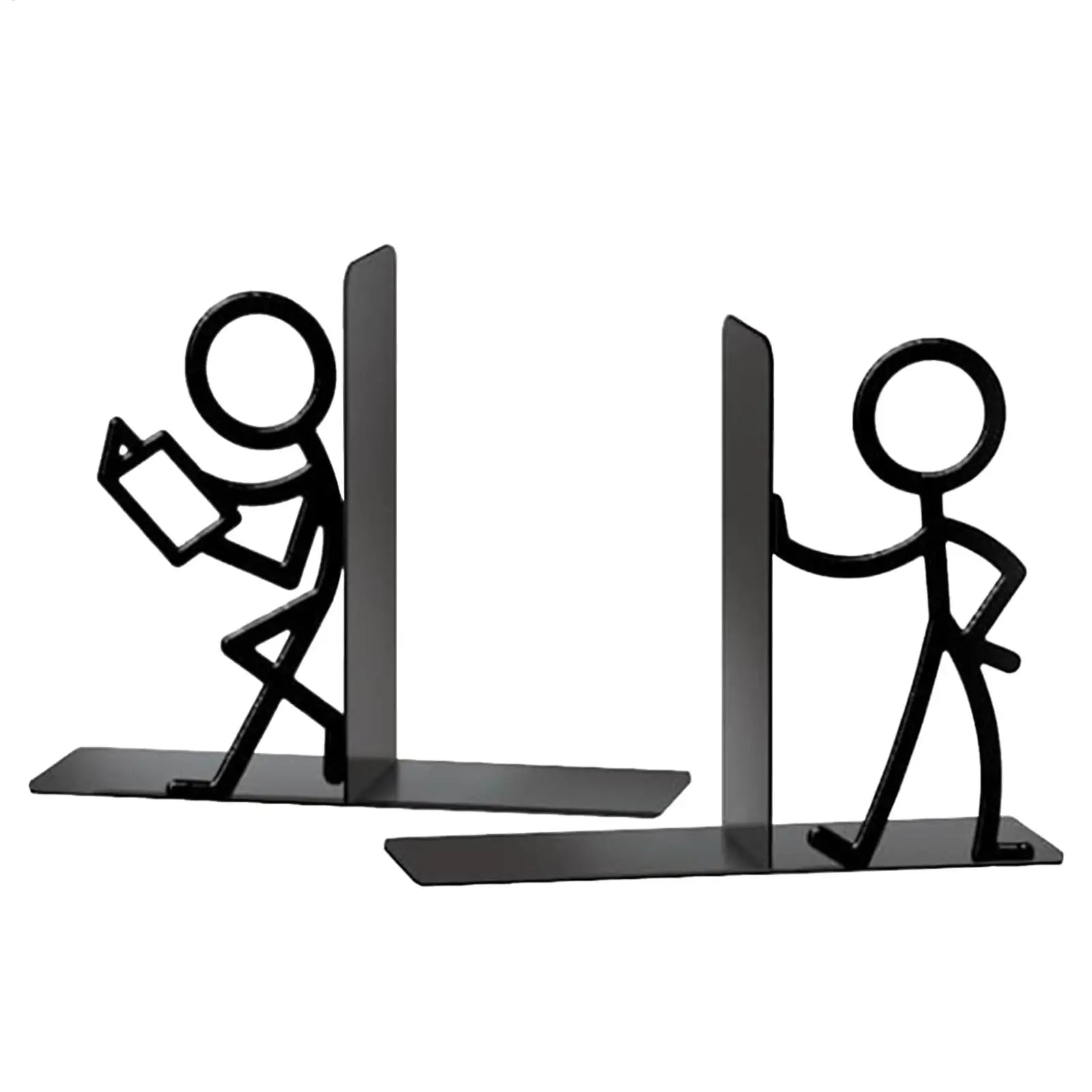 Two different black metal stick figure bookends—one reading, one standing—side by side