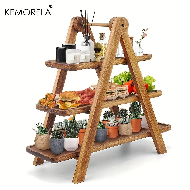 wooden three-tier serving tray stand with A-frame, styled with snacks, candles, and potted plants