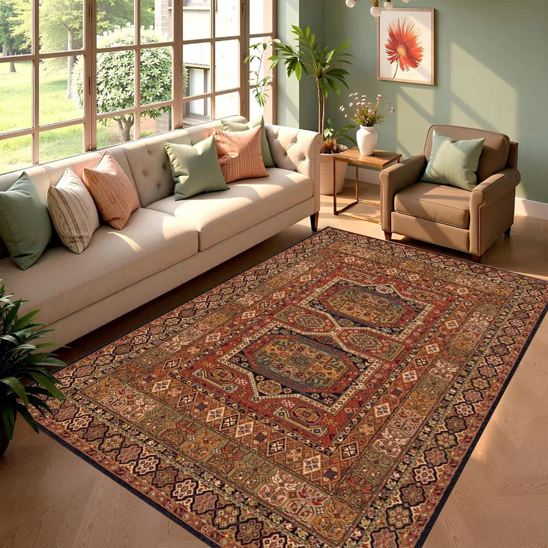 Vintage Persian-inspired washable area rug in a sunlit living room with sofa and armchair