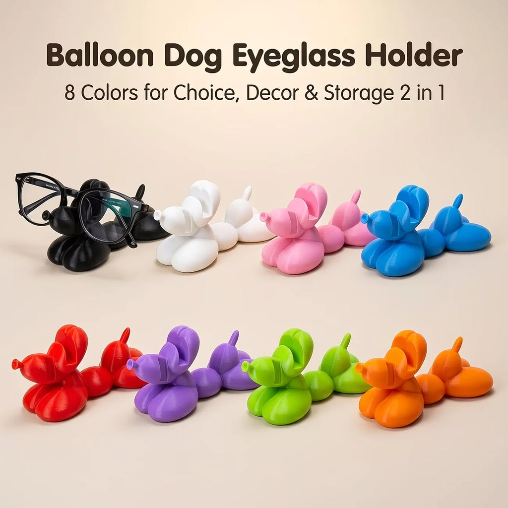 Group of eight balloon dog eyeglass holders in assorted colors holding a pair of glasses