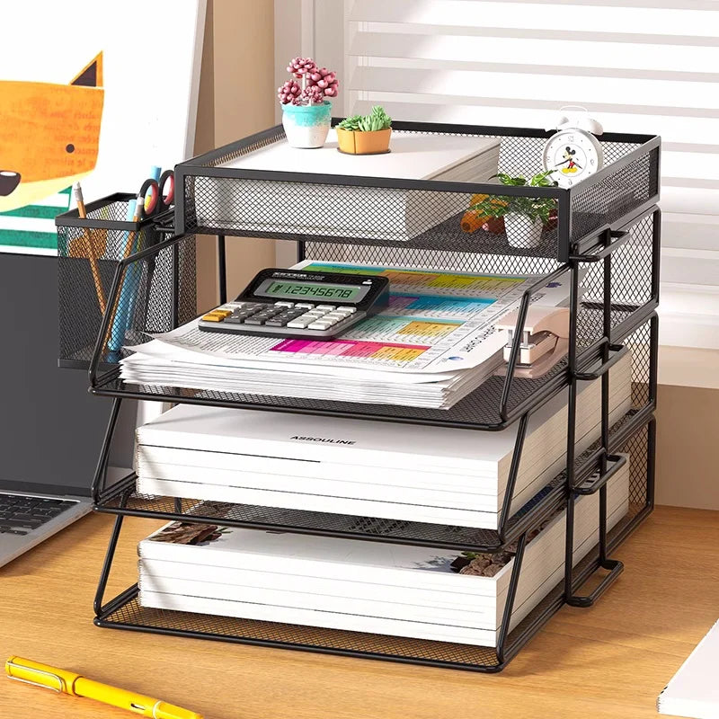 Mesh desk organizer with three trays, calculator, and books shown in use on a workspace