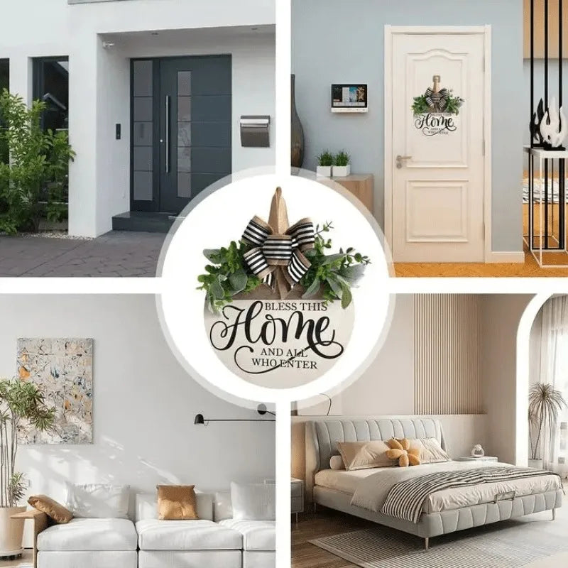 Wooden welcome wreath sign shown styled on a modern front door, bedroom interior, and living room wall