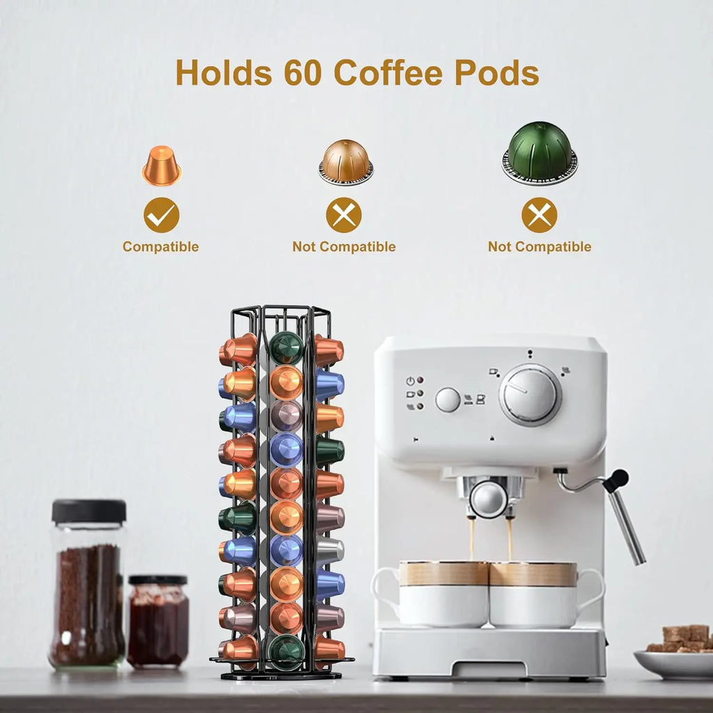 Rotating coffee pod holder for Nespresso OriginalLine holding 60 capsules, shown beside compatible and non-compatible pod types